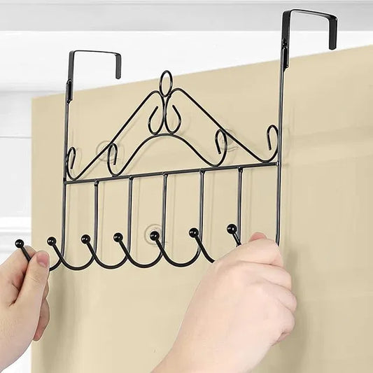 Metal door hanger with 7 hooks, over-the-door towel rack and storage organizer for hanging clothes and accessories.