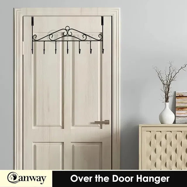 Heavy-duty metal door hanger with 7 hooks for towels, coats, and accessories, ideal for over-the-door storage and organization.