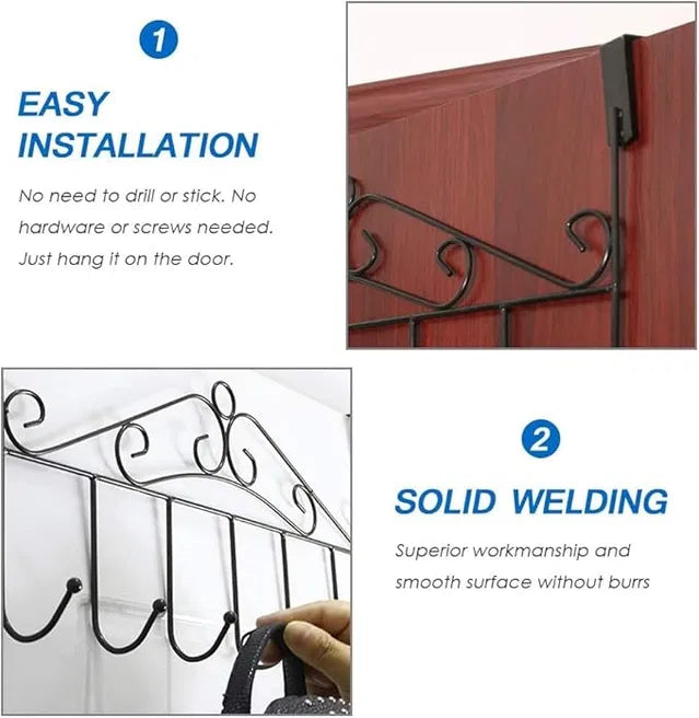 Heavy-duty metal door hanger with 7 hooks, over-the-door towel rack and storage organizer for hanging items.
