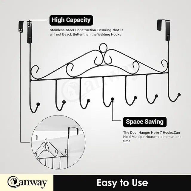 Heavy-duty metal door hanger with 7 hooks for over-the-door towel rack and storage, versatile wall hook organizer.