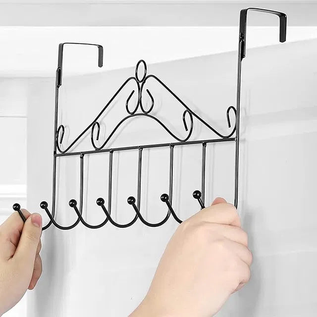 Metal door hanger with 7 hooks, over-the-door towel rack and storage organizer, heavy-duty wall hooks for hanging items.
