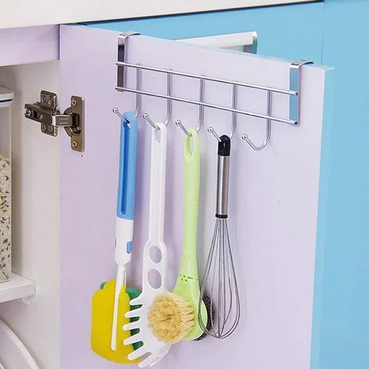 Stainless steel over-the-door hook hanger on a door, wall hook by 19357 for hanging coats, towels, or accessories.
