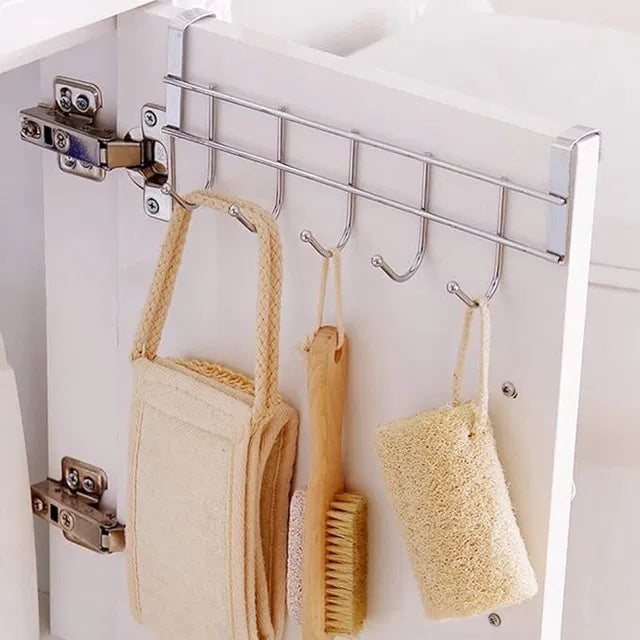 Stainless steel over-the-door wall hook hanger with a sleek design, suitable for organizing coats, hats, and bags.