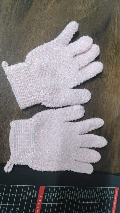 Five figure bath gloves from 19378, soft textured bath glove for gentle cleansing and exfoliation, shown in the image.