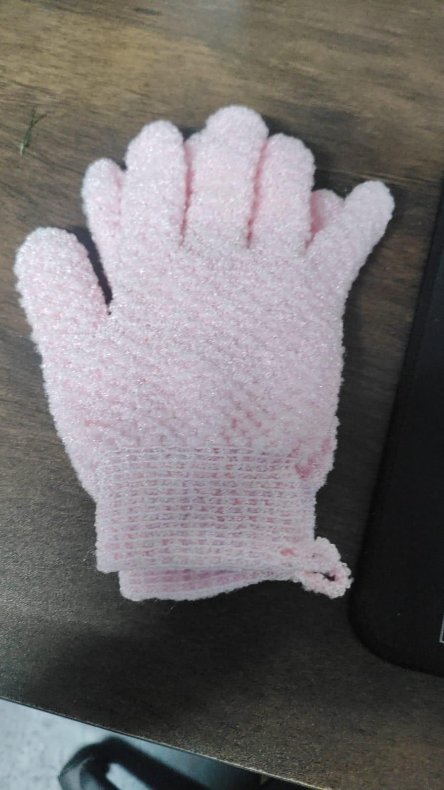 Soft five-figure bath glove from 19378, showing textured surface for gentle cleansing and exfoliation in the shower.