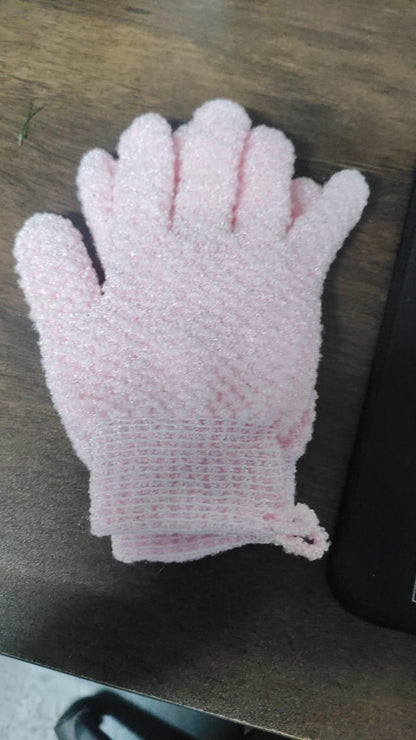 Soft five-figure bath glove from 19378, showing textured surface for gentle cleansing and exfoliation in the shower.