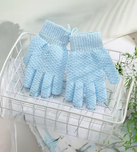 Pair of Five Figure Bath Gloves by 19378, soft textured bath gloves for gentle cleansing and exfoliation.