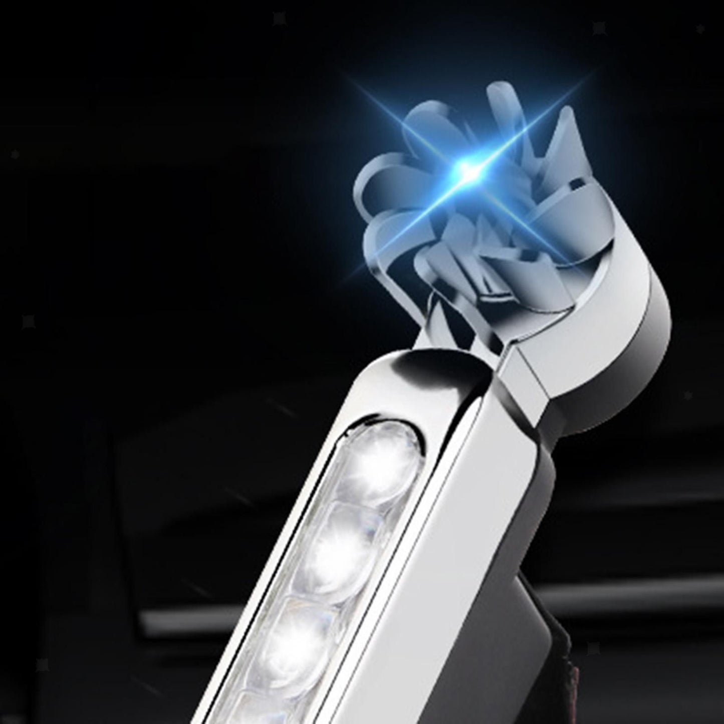 Two white car wind-powered daytime running lights, auto LED lights, designed for vehicles, with sleek compact design.