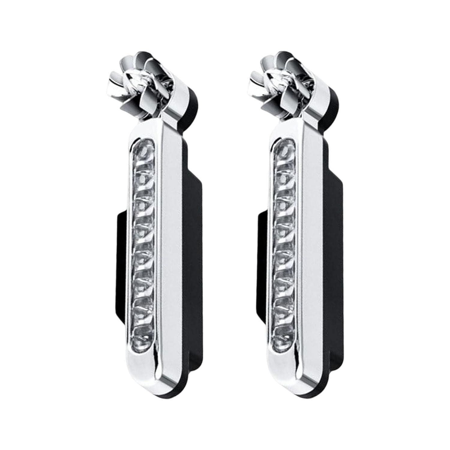 Two white car wind-powered daytime running lights attached to a vehicle, designed for auto visibility and safety.