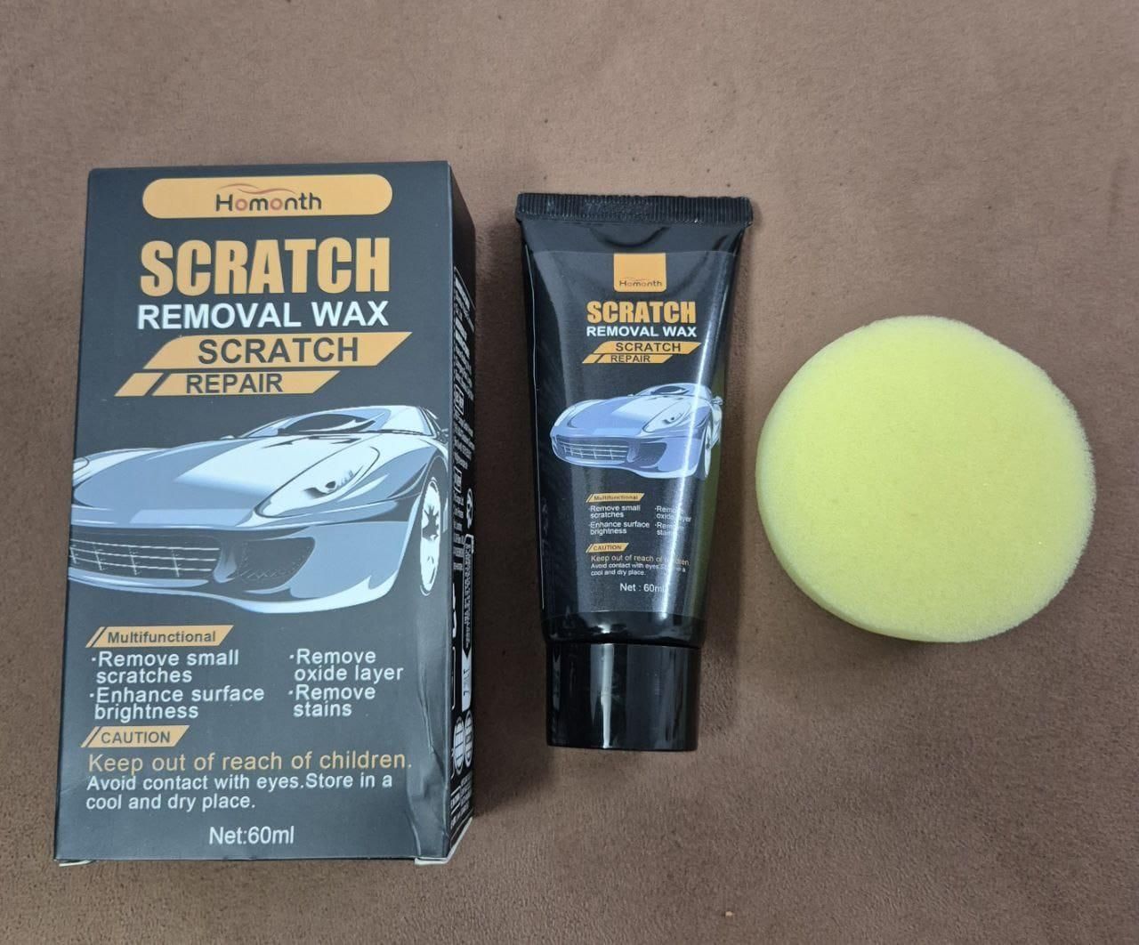 19378 Car Scratch Repair Agent 60ml displayed with a cleaning brush and duster for automotive scratch repair.