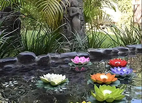 Set of 6 flameless lotus flower water sensor LED diyas for Diwali decorations, featuring realistic water and floral design.