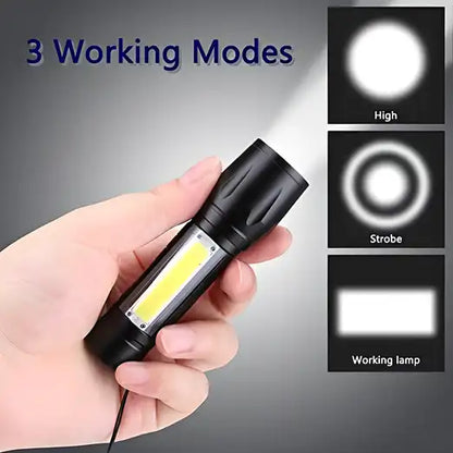 Pocket-sized portable XPE and COB LED tactical flashlight, compact and lightweight for outdoor and emergency use.