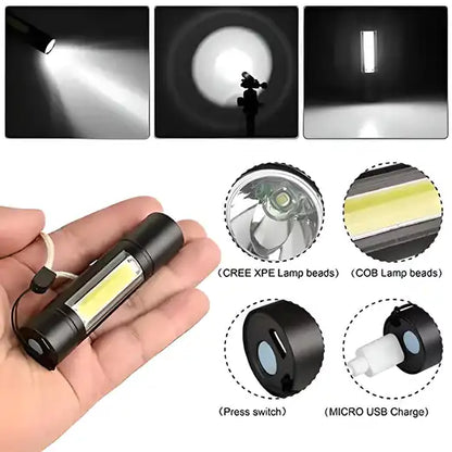Pocket-sized portable LED tactical flashlight with XPE and COB LEDs, compact design for electric grooming and outdoor use.
