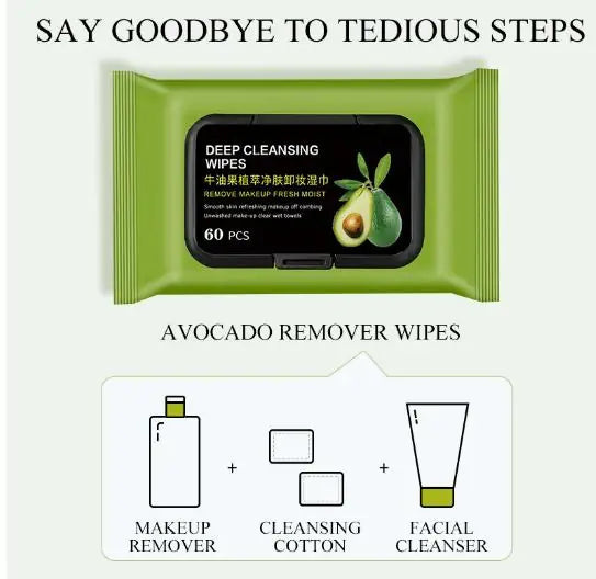 Avocado makeup remover wipes for eyes, 60 pcs, with eye serum in a sleek package, designed for gentle eye makeup removal.
