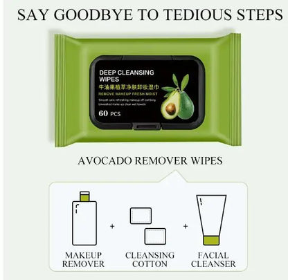 Avocado makeup remover wipes for eyes, 60 pcs, with eye serum in a sleek package, designed for gentle eye makeup removal.