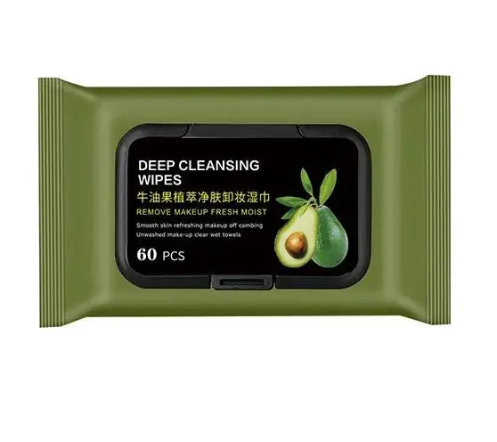 Avocado makeup remover wipes for eyes, 60 pack, from 19378, with eye serum ingredients and gentle cleansing action.