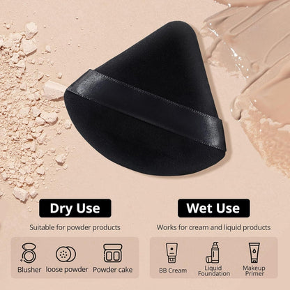 Triangle powder puff for face makeup, soft and reusable, designed for loose face powder application from 19378 brand.