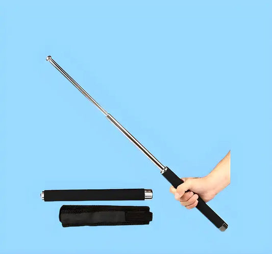 Extendable telescopic self-defense stick resembling a hockey stick, with a sleek handle and retractable pointer tip.