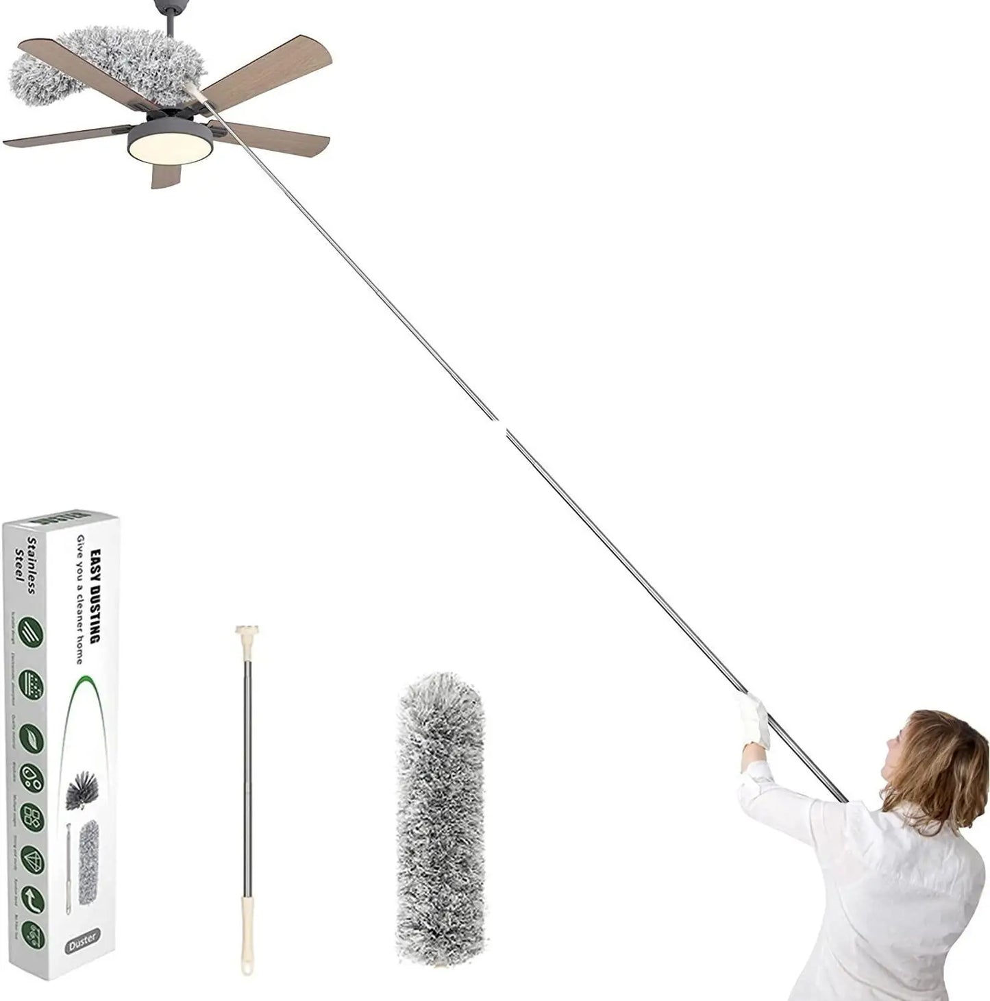 Microfiber duster with telescopic extension and bendable head, scratch-resistant cover, part of 19378 kitchen tool set for cleaning.