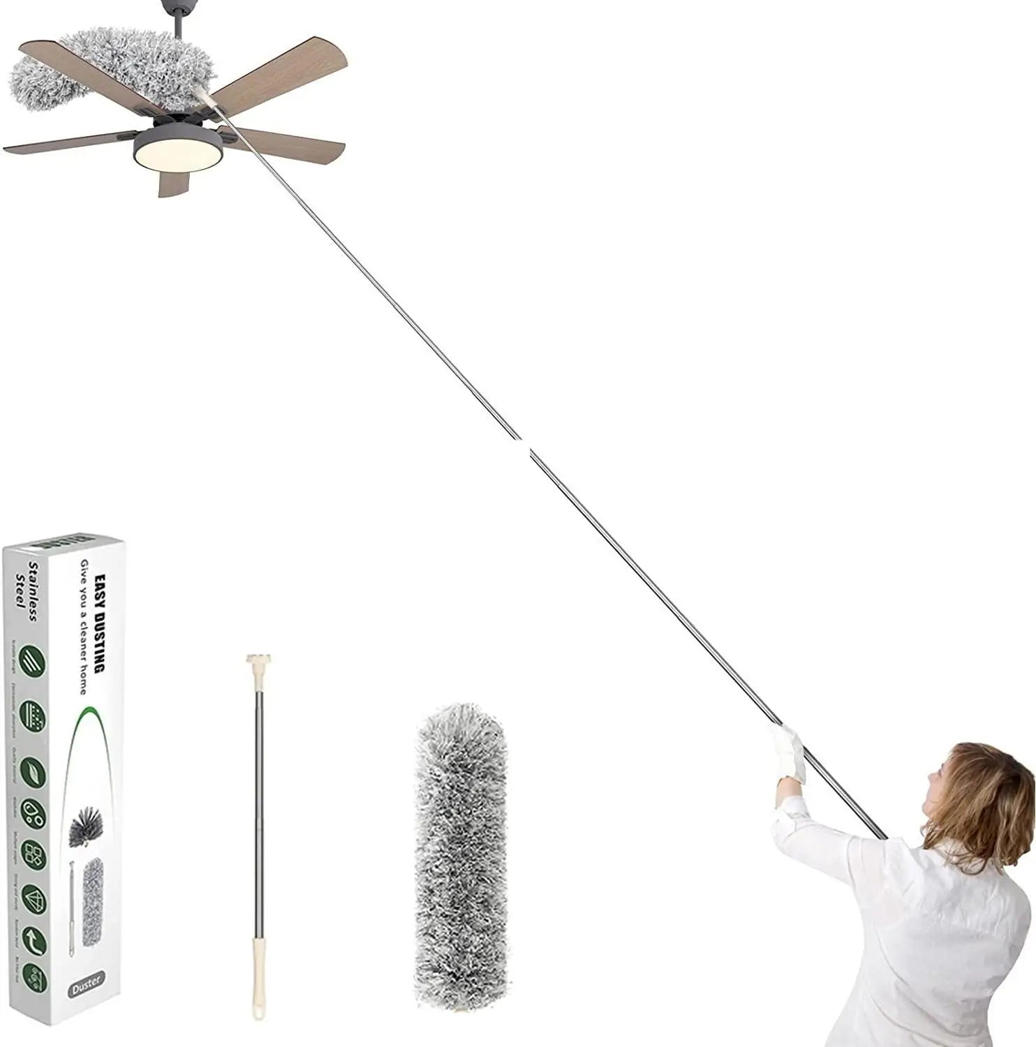 Microfiber duster with telescopic extension and bendable head, scratch-resistant cover, part of 19378 kitchen tool set for cleaning.