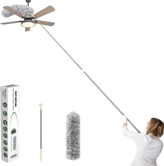 Microfiber duster with telescopic extension and bendable head, scratch-resistant cover, part of 19378 kitchen tool set for cleaning.