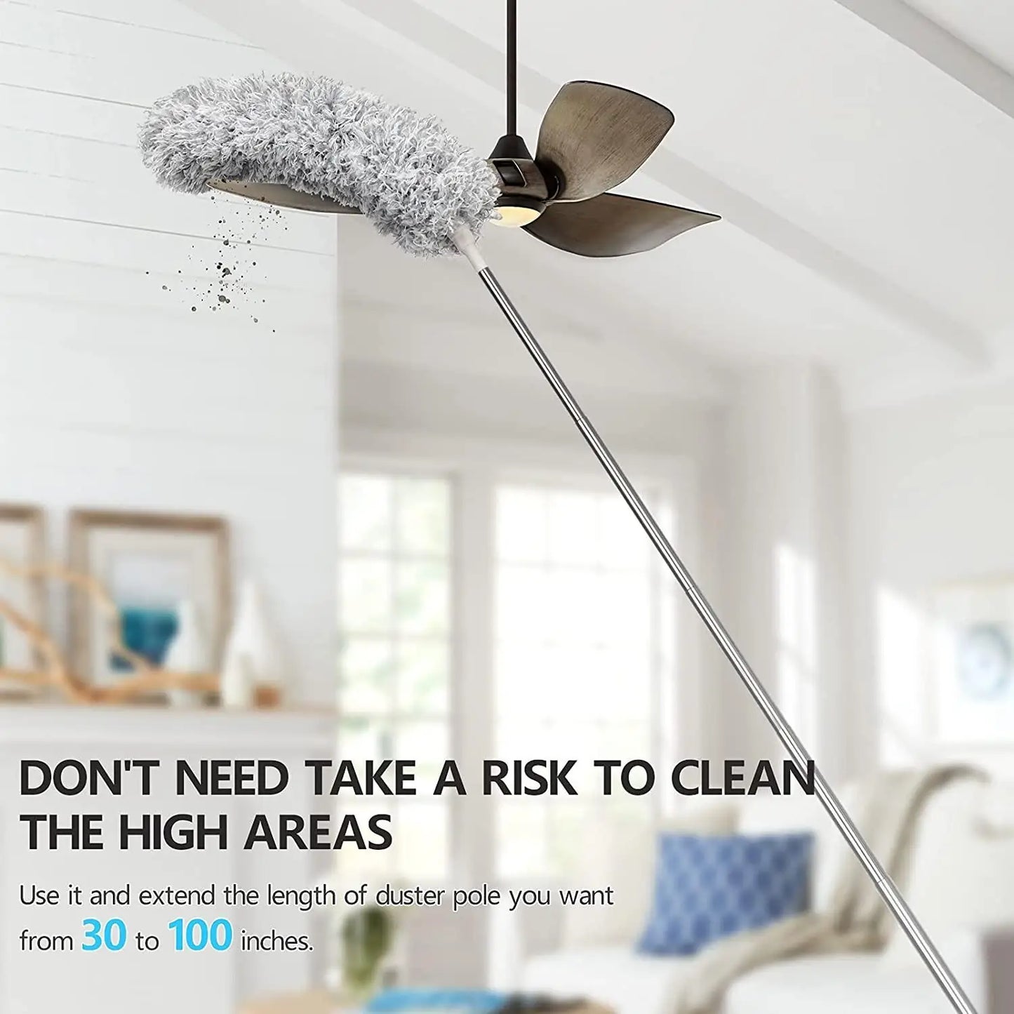 Microfiber duster with telescopic extension and bendable head for cleaning, featuring a scratch-resistant cover, part of kitchen tool sets.