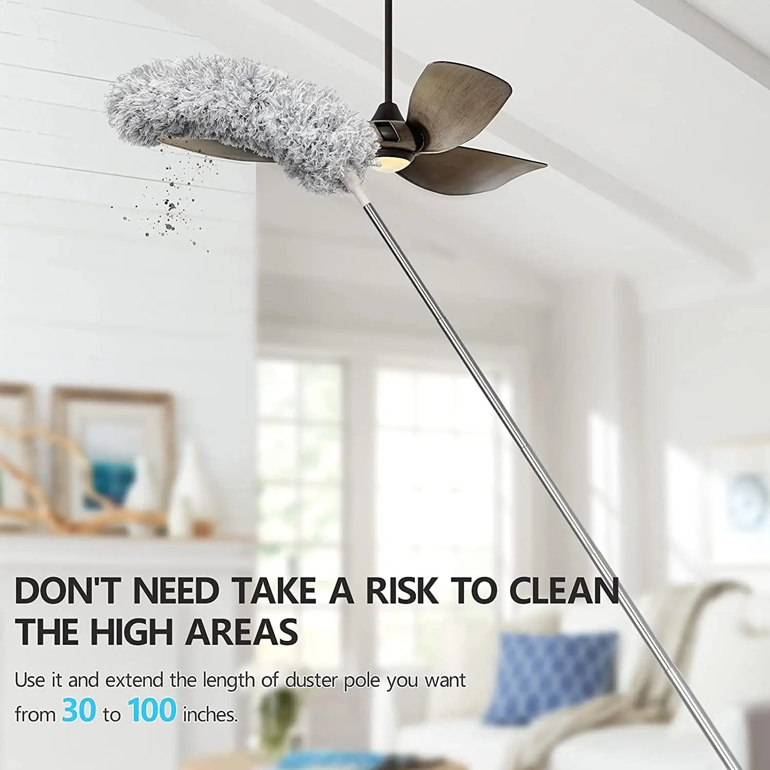 Microfiber duster with telescopic extension and bendable head for cleaning, featuring a scratch-resistant cover, part of kitchen tool sets.