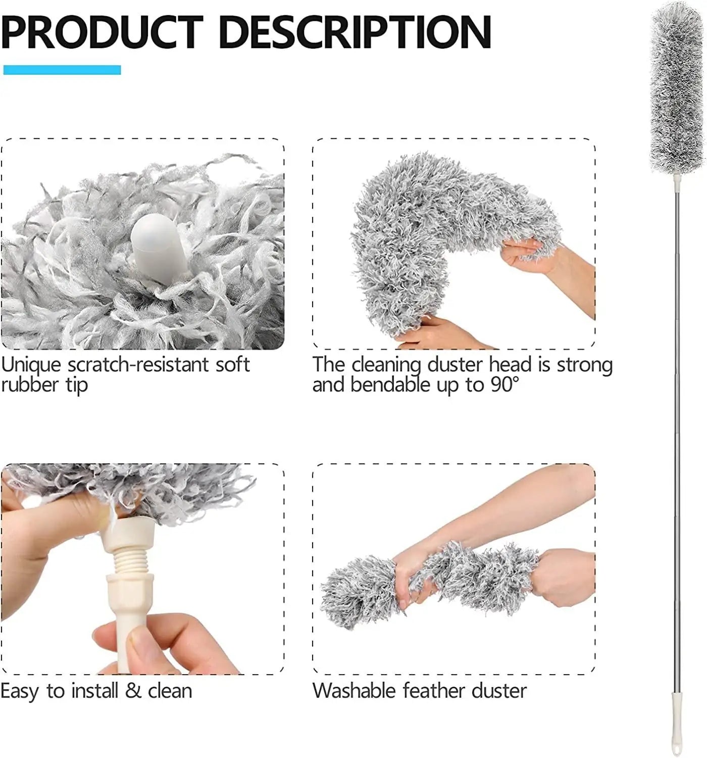Microfiber duster with telescopic extension and bendable head, scratch-resistant cover, part of 19378 kitchen tool set for cleaning.