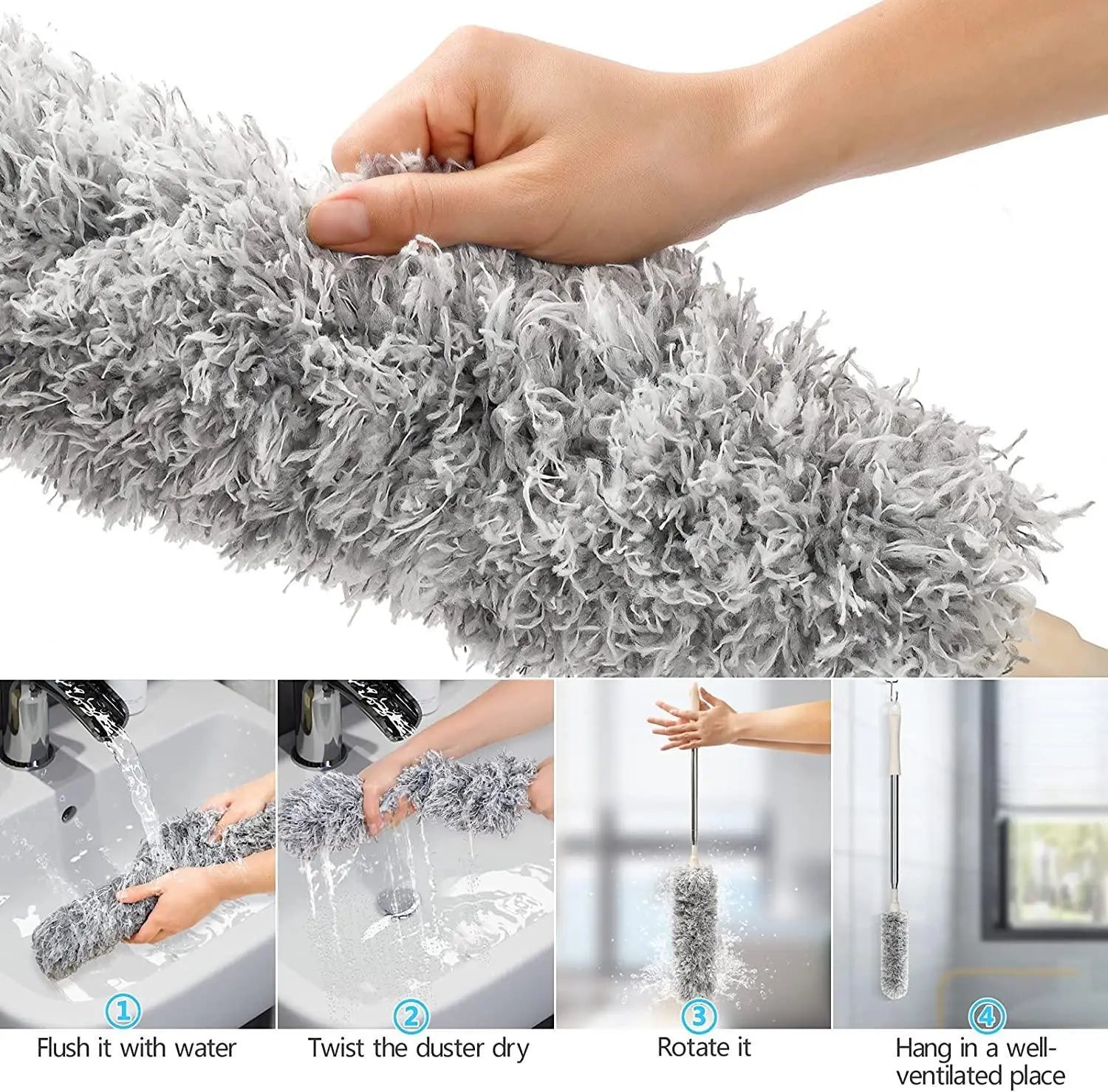 Microfiber duster with telescopic extension and bendable head for cleaning, featuring scratch-resistant cover in kitchen tool set.