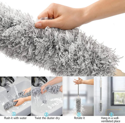 Microfiber duster with telescopic extension and bendable head for cleaning, featuring scratch-resistant cover in kitchen tool set.