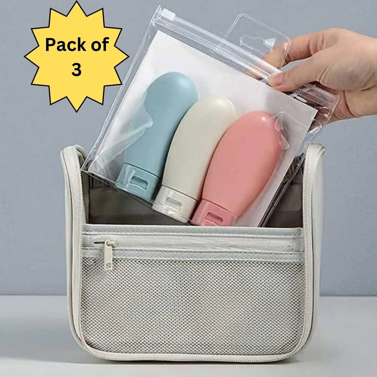 Set of three 60ml travel bottles from the 19378 kitchen tool set, ideal for toiletries during travel.