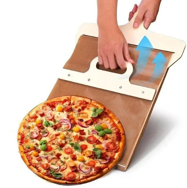 Wooden pizza paddle with smooth handle from kitchen tool set, ideal for transferring and serving pizza crusts.