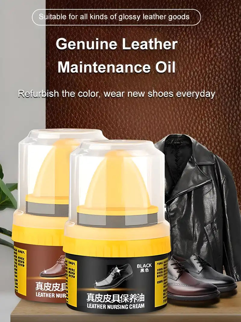 Liquid leather shoe repair cream in a bottle with sponge applicator, designed to brighten and restore leather shoes.