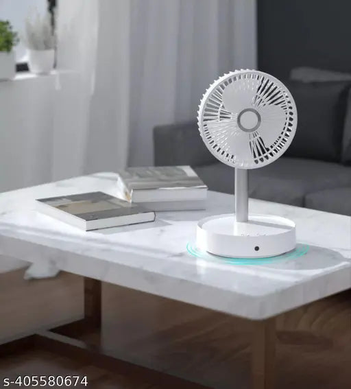 USB rechargeable mini desk fan by 19381, telescopic, adjustable height, foldable, portable electric fan for desktop use.
