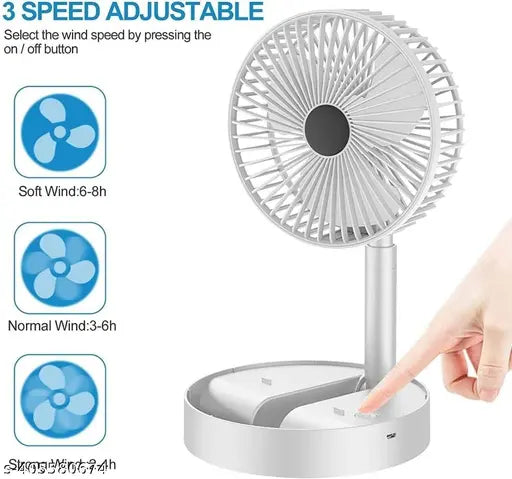 USB rechargeable mini desk fan by 19381 with telescopic, adjustable height, foldable, portable design for desktop cooling.