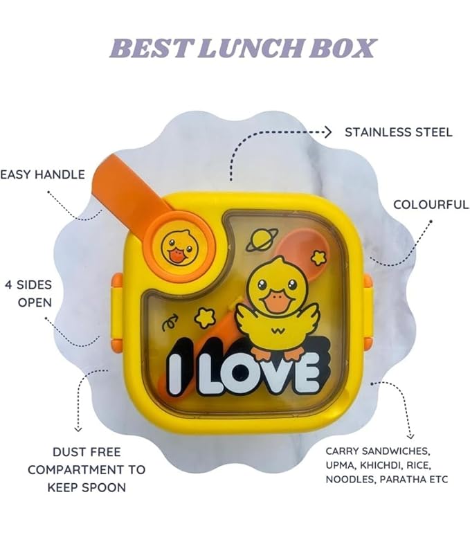 Multicolored baby food box with spoon and scissors for kids, part of the 19384 kids bottles and lunch boxes collection.