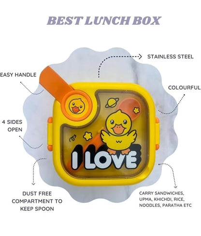 Multicolored baby food box with spoon and scissors for kids, part of the 19384 kids bottles and lunch boxes collection.