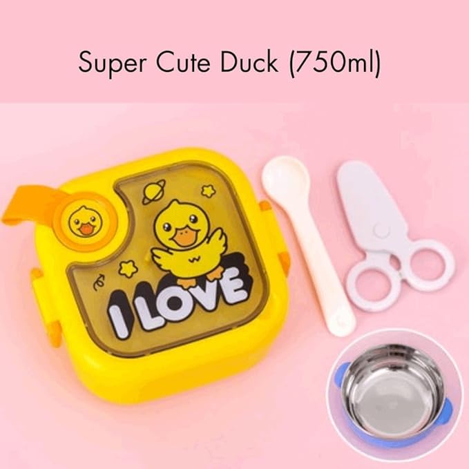 Multicolor baby food box with attached spoon and scissors, designed for kids' bottles and lunch boxes by 19384.