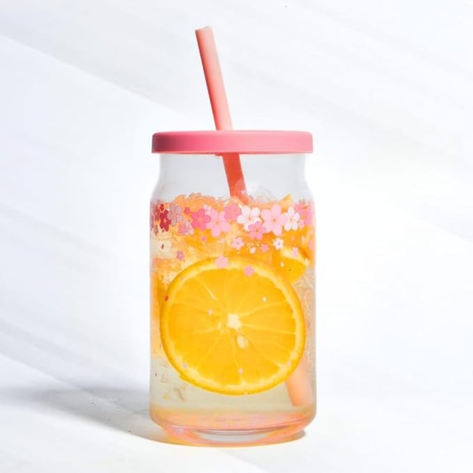 Pink flower glass cup with wooden lid and glass straw, beer-shaped 400ml drinking glass for iced coffee, smoothies, and boba tea.