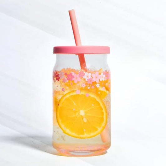 Pink flower glass cup with wooden lid and glass straw, beer-shaped 400ml drinking glass for iced coffee, smoothies, and boba tea.