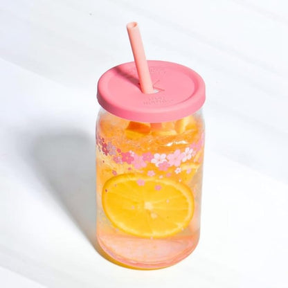 Pink flower glass cup with wooden lid and glass straw, beer-shaped 400ml iced coffee and smoothie drinking glass by 19384.