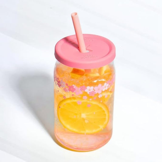 Pink flower glass cup with wooden lid and glass straw, beer-shaped 400ml iced coffee and smoothie drinking glass by 19384.
