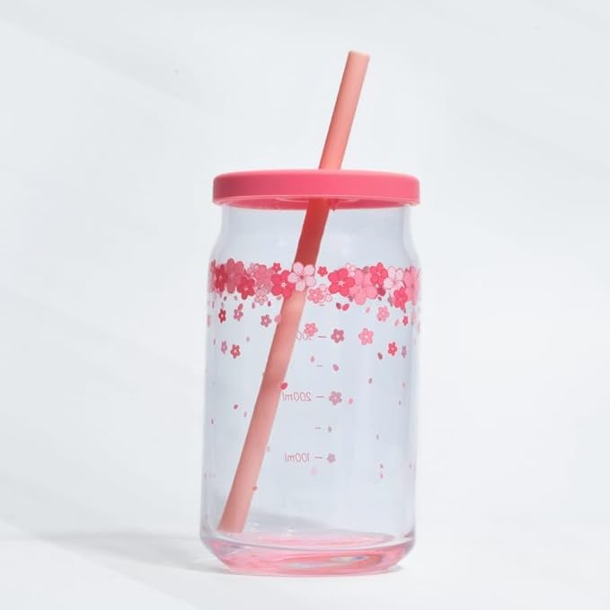 Pink flower glass cup with wooden lid and glass straw, beer-shaped 400ML iced coffee and smoothie drinking glass with cute design