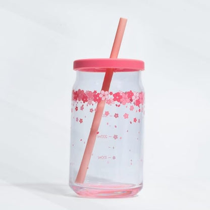Pink flower glass cup with wooden lid and glass straw, beer-shaped 400ML iced coffee and smoothie drinking glass with cute design