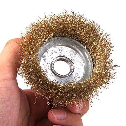 Wukusy 194 Wire Wheel Cup Brush in gold for power and hand tools, with bristles for cleaning and surface preparation.