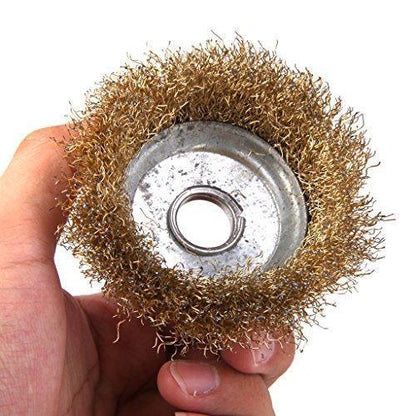 Wukusy 194 Wire Wheel Cup Brush in gold for power and hand tools, with bristles for cleaning and surface preparation.