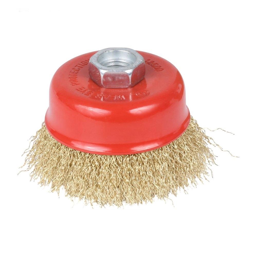 Wukusy 194 Wire Wheel Cup Brush in gold for power tools, used for surface cleaning and rust removal.