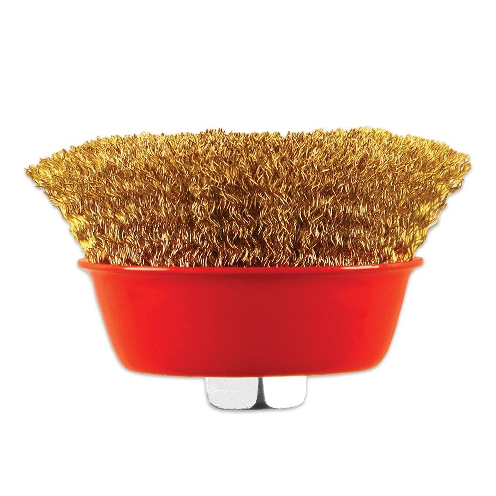 Wukusy 194 Wire Wheel Cup Brush in gold, suitable for power tools, with metal wire bristles for cleaning and surface preparation.