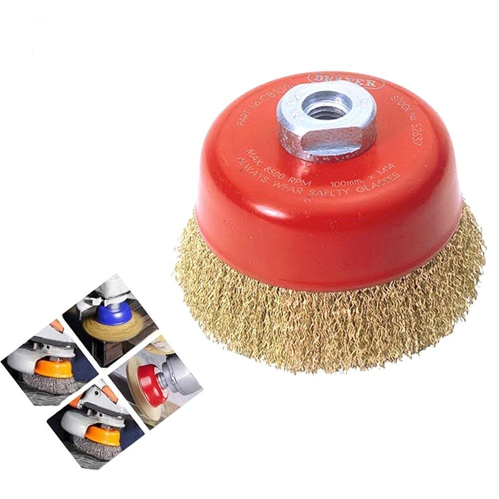 Wukusy 194 Wire Wheel Cup Brush in gold for power and hand tools, with metal bristles for cleaning and surface preparation.