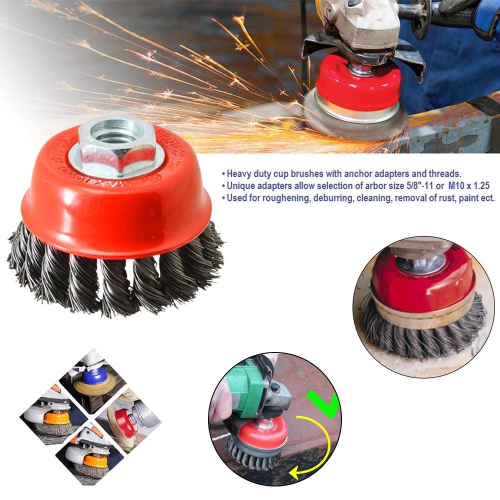 Wukusy 195 Wire Wheel Cup Brush in black, suitable for power tools, with metal bristles for cleaning and surface preparation.
